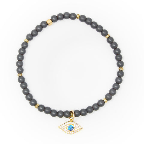 Hematite Matte with Gold Bracelet, Gold Evil Eye Charm with Clear and Blue Zirconia