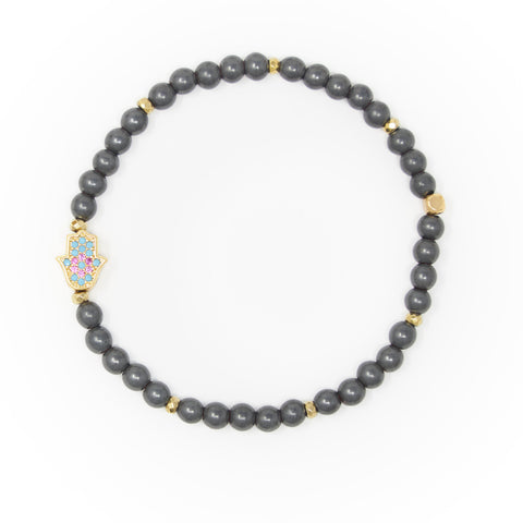 Hematite Matte with Gold Bracelet, Gold Hamsa Charm with Blue and Pink Zirconia