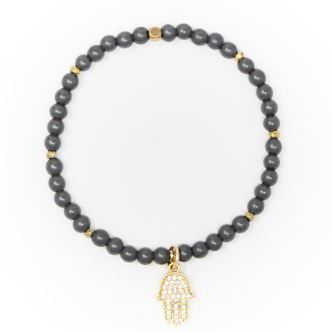 Hematite Matte with Gold Bracelet, Gold Hamsa Charm with Clear Zirconia