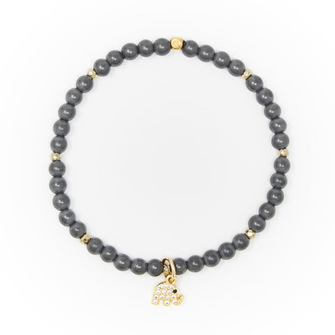 Hematite Matte with Gold Bracelet, Gold Elephant Charm with Clear Zirconia