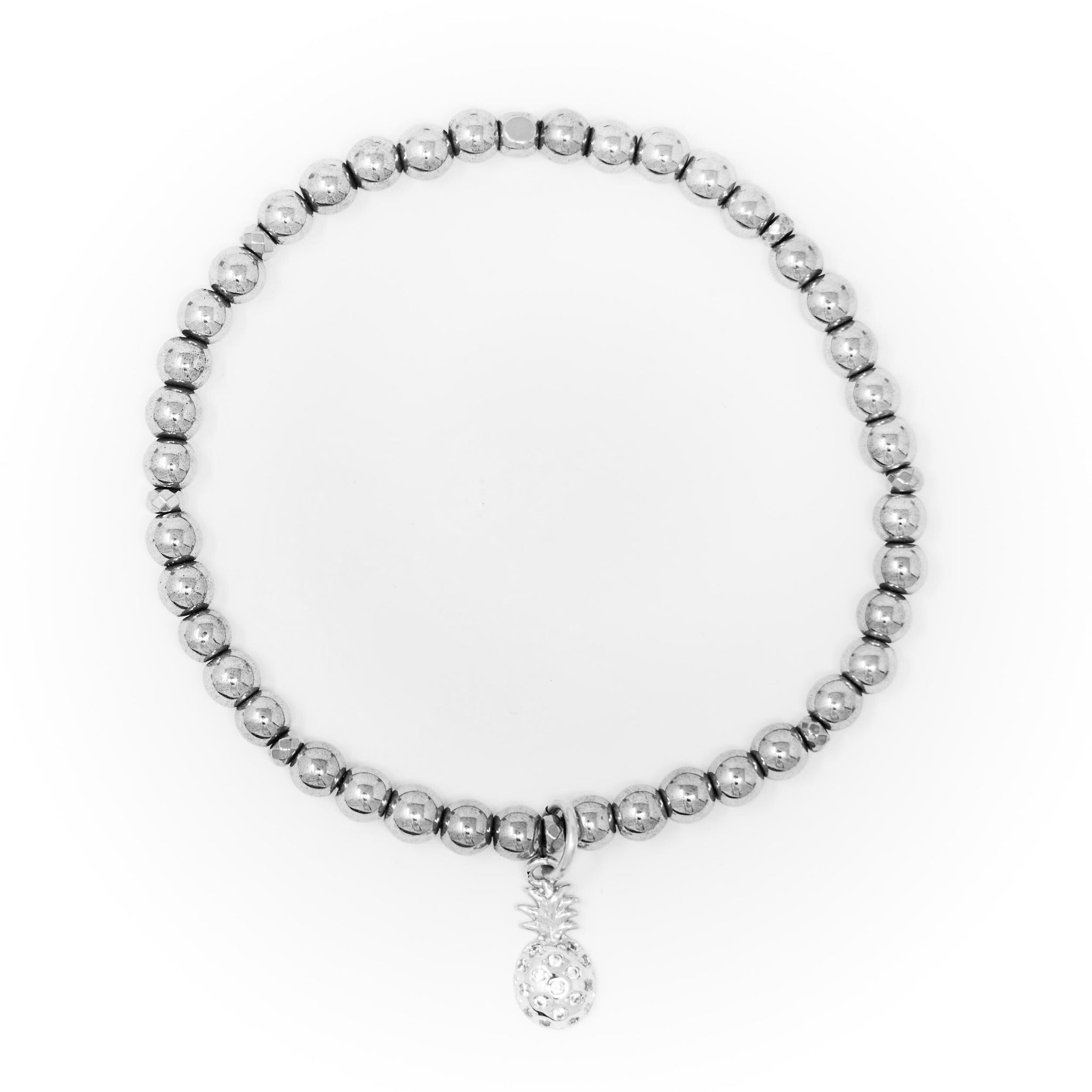 Hematite Polished with Silver Bracelet, Silver Pineapple Charm with Clear Zirconia
