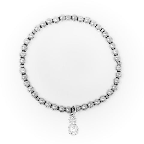 Hematite Polished with Silver Bracelet, Silver Pineapple Charm with Clear Zirconia