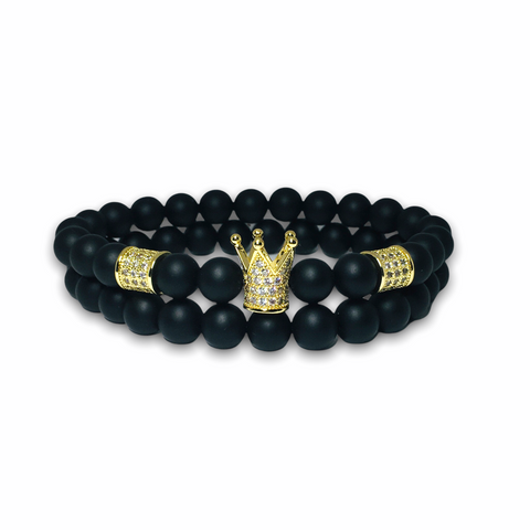 Black Matte Onyx Stone Set of Two Bracelets, Gold Crown/Plain with Clear Zirconia