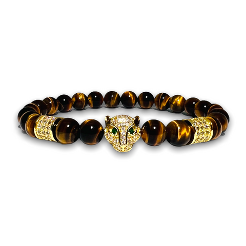 Polished Tigers Eye Stone Bracelet, Gold Leopard with Clear Zirconia