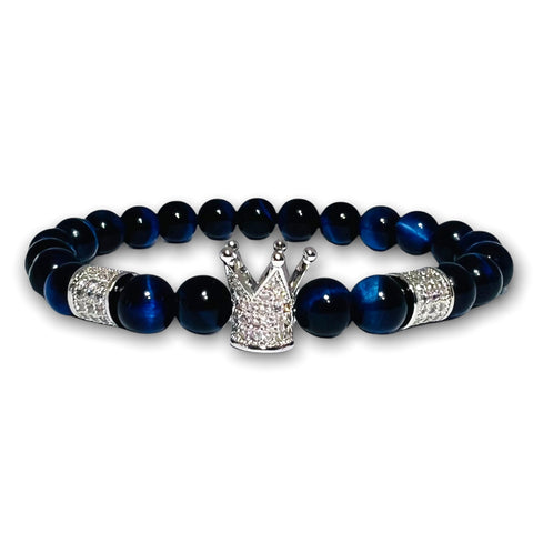 Blue Tiger Eye Stone Bracelet with Silver Crown and Clear Zirconia
