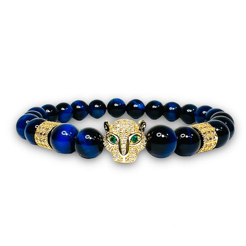 Blue Tiger Eye Stone Bracelet with Gold Leopard and Clear Zirconia