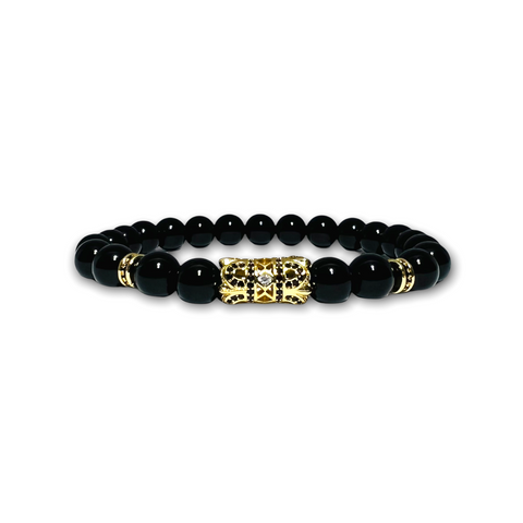 Black Polished Onyx Stone Bracelet with Gold Design and Black/Clear Zirconia