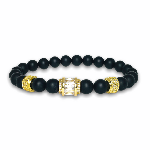 Black Matte Onyx Stone Bracelet with Gold Design, Clear Zirconia
