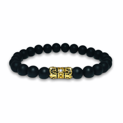 Black Matte Onyx Stone Bracelet with Gold Design, Black/Clear Zirconia