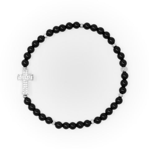 Onyx Polished with Silver Bracelet, Silver Cross Charm with Clear Zirconia