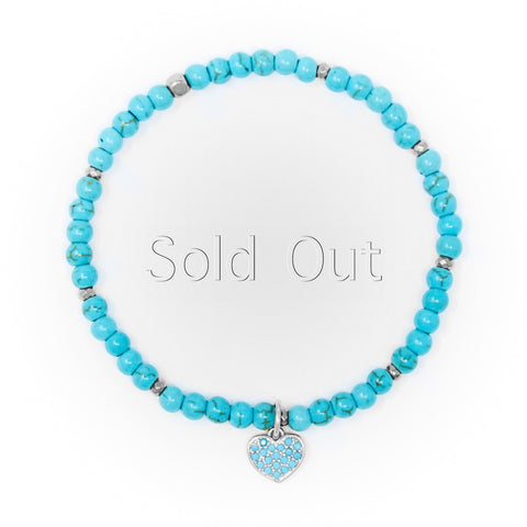 Turquoise Matte with Silver Bracelet, Silver Heart Charm with Turquoise Zirconia