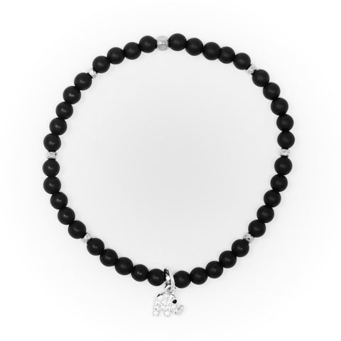 Onyx Matte with Silver Bracelet, Silver Elephant Charm with Clear Zirconia