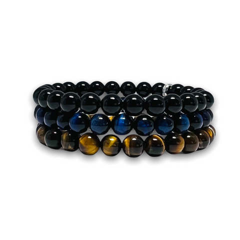 Polished Onyx, Blue Tiger Eye, Tiger Eye Stone Stack of Three Bracelets