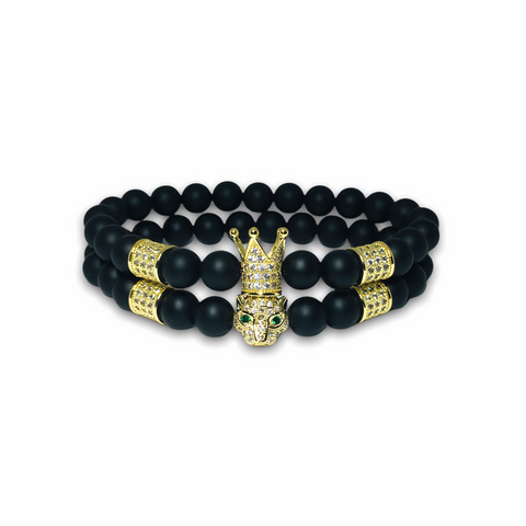 Black Matte Onyx Stone Set of Two Bracelets, Gold Crown/Leopard with Clear Zirconia