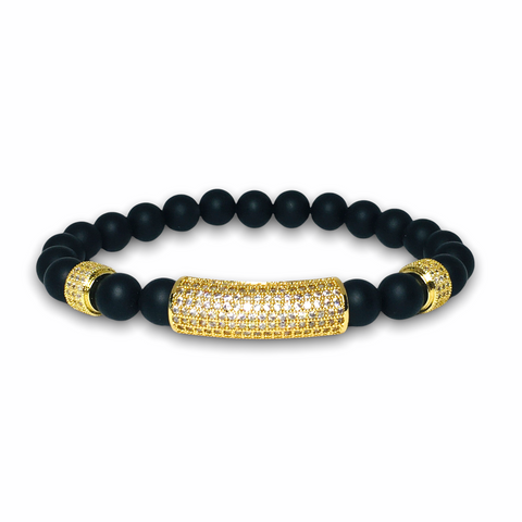Black Matte Onyx Stone Bracelet with Gold Design, Clear Zirconia