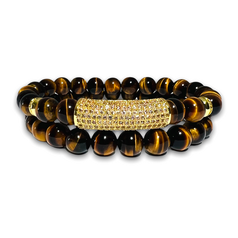 Polished Tigers Eye Stone Set of two Bracelets, Gold Design with Clear Zirconia / Plain