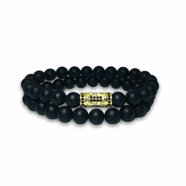 Black Matte Onyx Stone Set of Two Bracelets, Gold Design/Plain with Black Zirconia