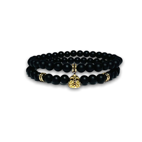 Black Matte Onyx Stone Set of Two Bracelets, Gold Warrior with Black Zirconia / Plain
