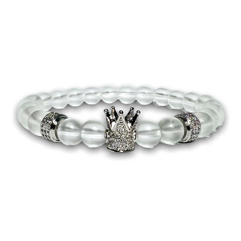 Clear Quartz Stone Bracelet, Silver Crown with Clear Zirconia