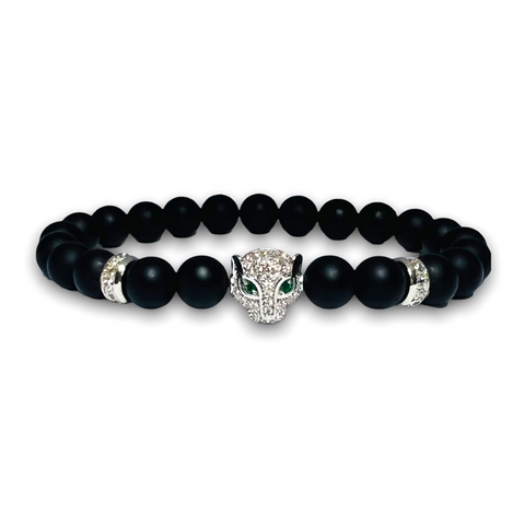 Black Matte Onyx Stone Bracelet, Silver Leopard with Clear Zirconia