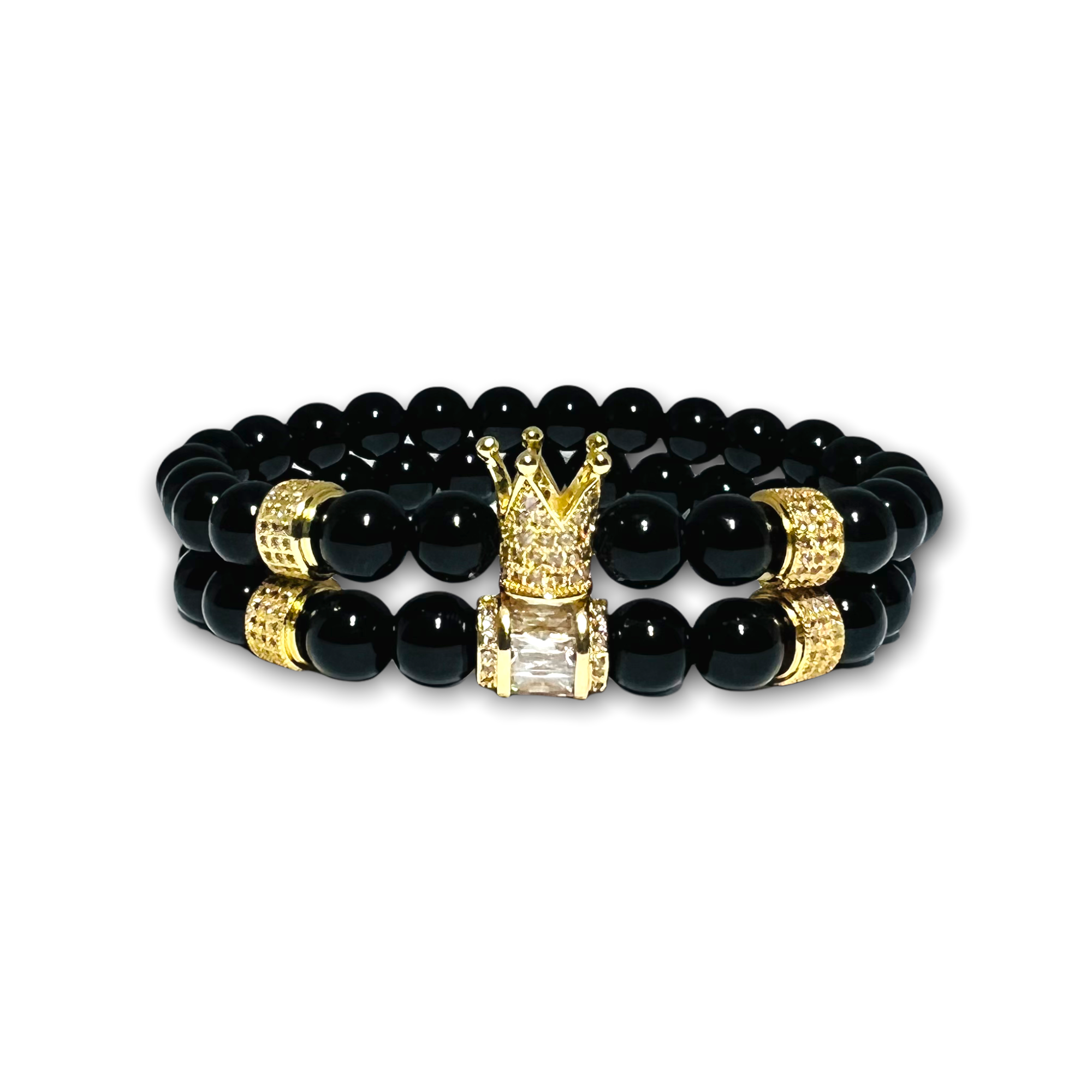 Black Polished Onyx Stone Set of Two Bracelets with Gold Design,Crown Clear Zirconia