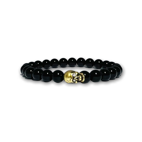 Black Polished Onyx Stone Bracelet with Gold Skull and Black Zirconia