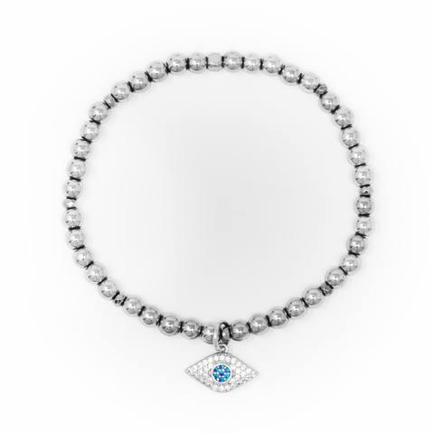 Hematite Polished with Silver Bracelet, Silver Evil Eye Charm with Blue and Clear Zirconia