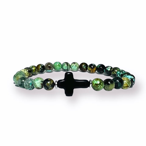 African Turquoise Stone Bracelet, Black Cross with Silver and Black Zirconia