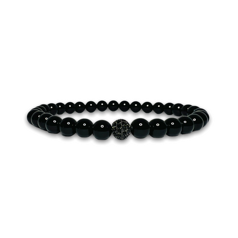 Black Polished Onyx Stone Bracelet, Black Zirconia Ball
