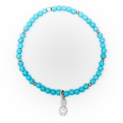 Turquoise Matte with Silver Bracelet, Silver Pineapple Charm with Clear Zirconia