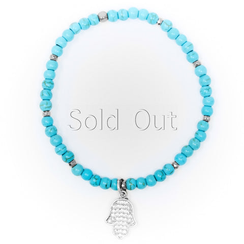 Turquoise Matte with Silver Bracelet, Silver Hamsa Charm with Clear Zirconia