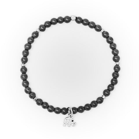 Hematite Matte with Silver Bracelet, Silver Elephant Charm with Clear Zirconia
