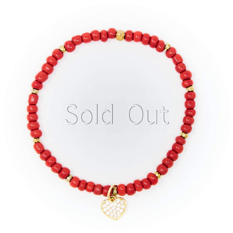 Red Sand Beads with Gold Bracelet, Gold Heart Charm with Clear Zirconia