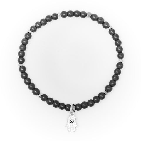 Hematite Matte with Silver Bracelet, Silver Hamsa with Evil Eye Charm and Clear Zirconia
