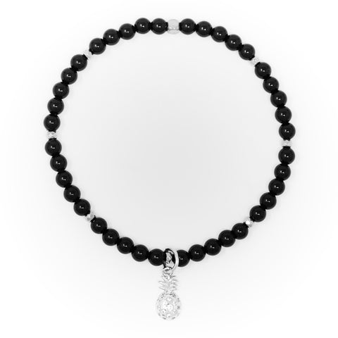 Onyx Polished with Silver Bracelet, Silver Pineapple Charm with Clear Zirconia