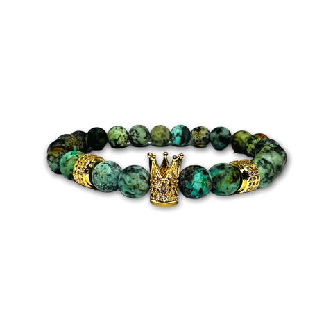 African Turquoise Stone Bracelet with Gold Crown and Clear Zirconia