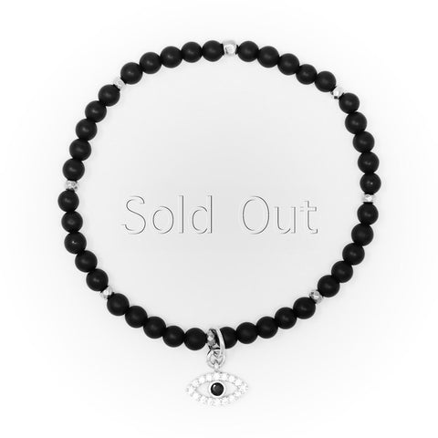 Onyx Matte with Silver Bracelet, Silver Evil Eye Charm with Black and Clear Zirconia