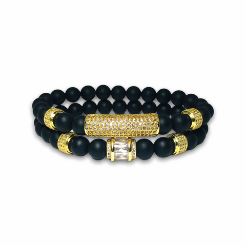 Black Matte Onyx Stone Set of Two Bracelets, Gold Design with Clear Zirconia