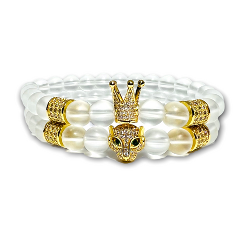 Clear Quartz Stone Set of Two Bracelets, Gold Crown / Leopard with Clear Zirconia