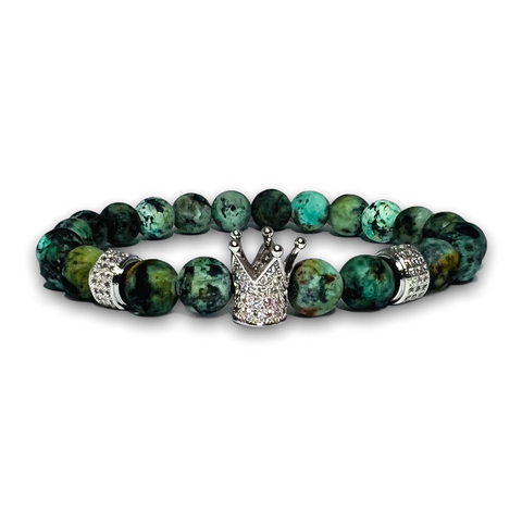 African Turquoise Stone Bracelet, Silver Crown with Clear Zirconia