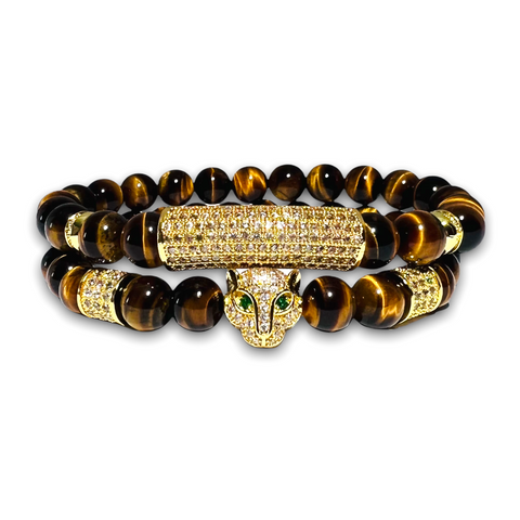 Polished Tigers Eye Stone Set of two Bracelets, Gold Design with Clear Zirconia / Leopard