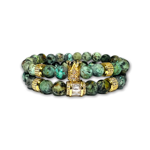African Turquoise Stone Set of Two Bracelets, Gold Crown/Design with Clear Zirconia