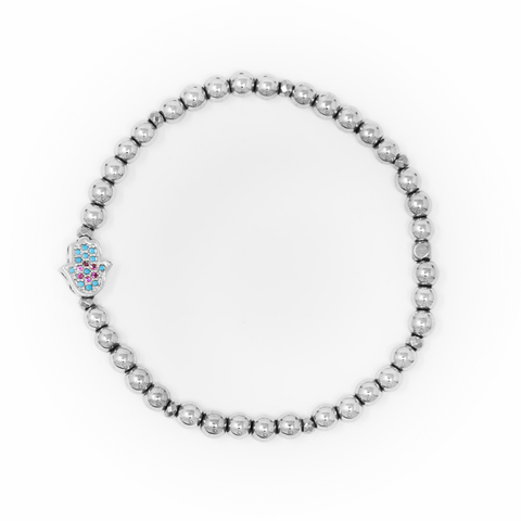 Hematite Polished with Silver Bracelet, Silver Hamsa Charm with Blue and Pink Zirconia