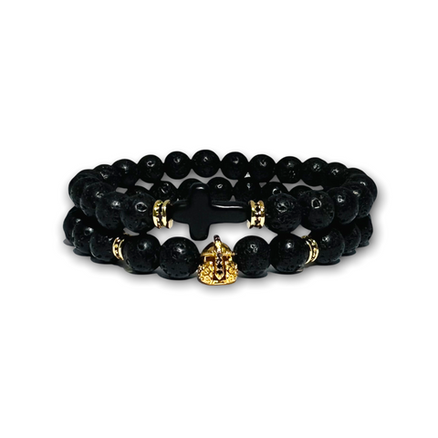 Lava Stone Set of Two Bracelets Gold Warrior with Black Cross