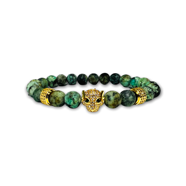 African Turquoise Stone Bracelet with Gold Leopard and Clear Zirconia