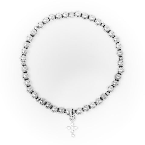 Hematite Polished with Silver Bracelet, Silver Cross Charm with Clear Zirconia