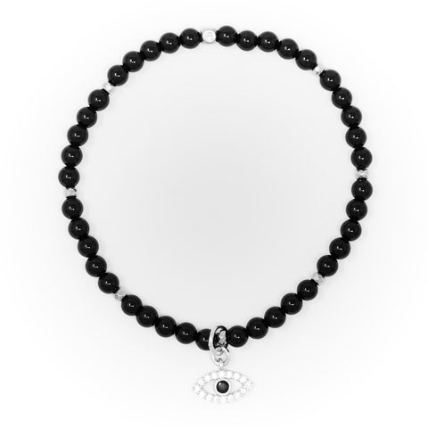 Onyx Polished with Silver Bracelet, Silver Hamsa Charm with Black and Clear Zirconia