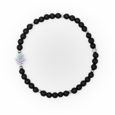 Onyx Matte with Silver Bracelet, Silver Hamsa Charm with Blue and Pink Zirconia