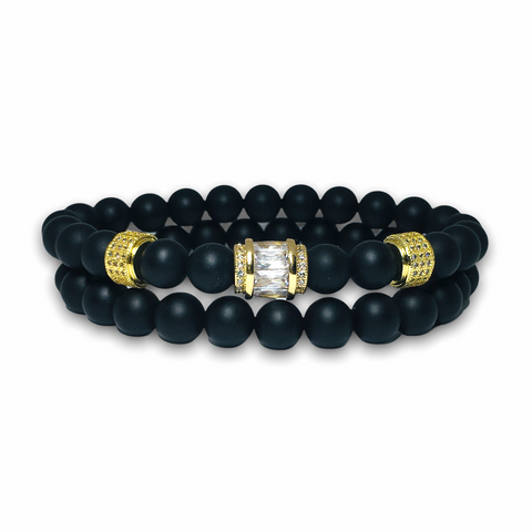 Black Matte Onyx Stone Set of Two Bracelets, Gold Design/Plain with Clear Zirconia