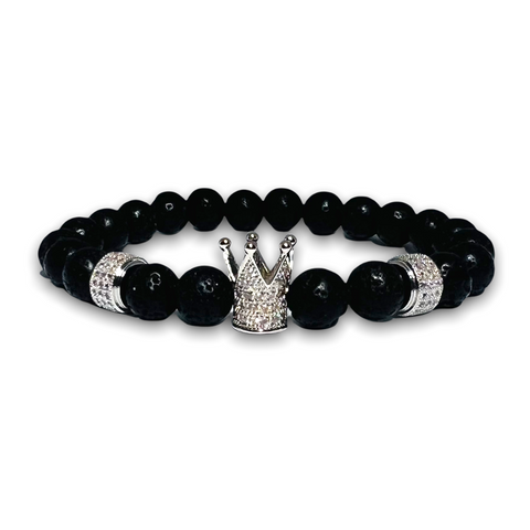Volcanic Lava Stone Bracelet, Silver Crown with Clear Zirconia